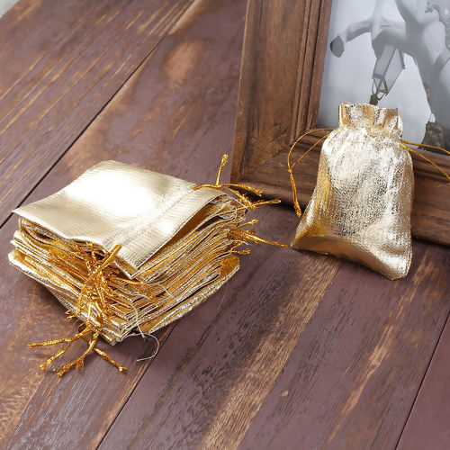 Picture of Wedding Gift Polyester Jewelry Bags Drawstring Rectangle Golden (Usable Space: 7x7cm) 9cm(3 4/8") x 7cm(2 6/8"), 100 PCs