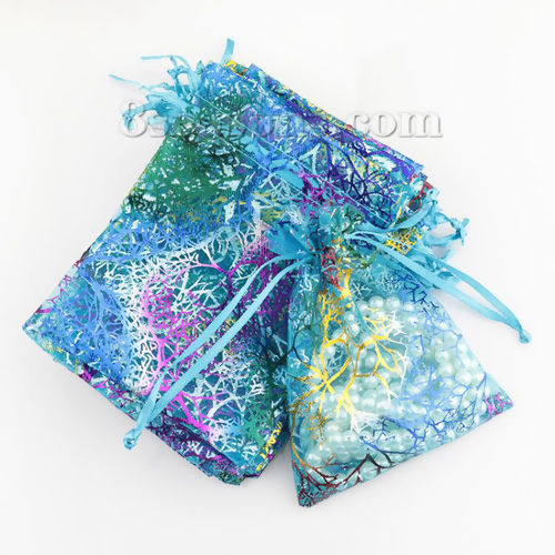 Picture of Wedding Gift Organza Jewelry Bags Drawstring Rectangle Multicolor Coralline (Usable Space: 10x9cm) 12cm x9cm(4 6/8" x3 4/8"), 10 PCs