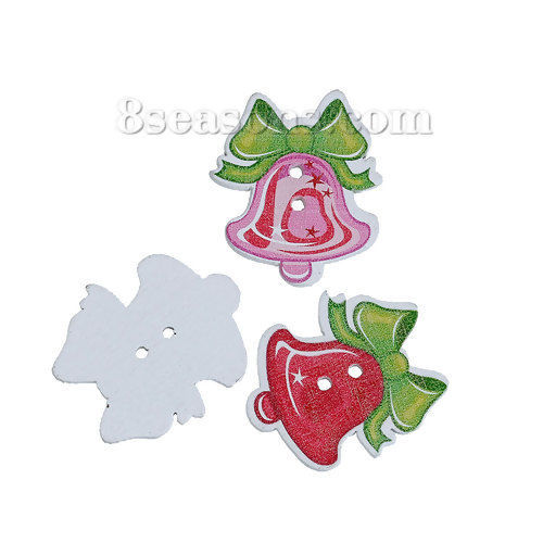 Picture of Wood Sewing Buttons Scrapbooking 2 Holes Christmas Jingle Bell At Random Bowknot Pattern 30mm(1 1/8") x 26mm(1"), 5 PCs