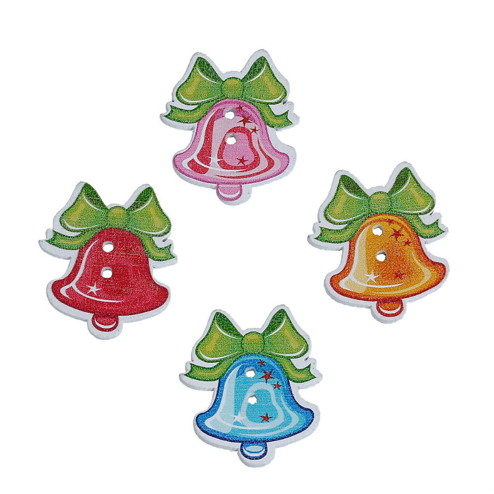 Picture of Wood Sewing Buttons Scrapbooking 2 Holes Christmas Jingle Bell At Random Bowknot Pattern 30mm(1 1/8") x 26mm(1"), 5 PCs