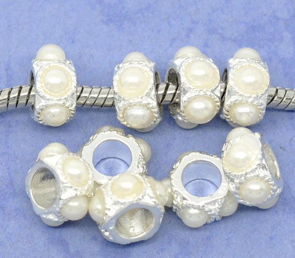 Picture of Copper European Style Large Hole Charm Beads Silver Plated White Round Imitation Pearl 11mm x 6mm, Hole: Approx 5.2mm, 1 Piece