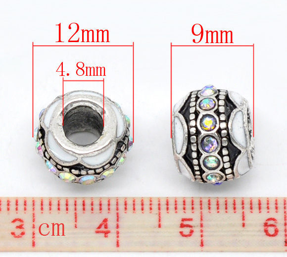Picture of Zinc Based Alloy European Style Large Hole Charm Beads Antique Silver Color White Round Enamel AB Color Rhinestone 12mm x 9mm, Hole: Approx 4.8mm, 1 Piece