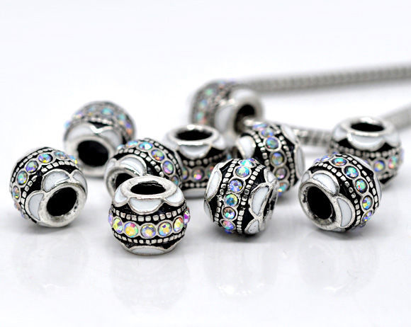 Picture of Zinc Based Alloy European Style Large Hole Charm Beads Antique Silver Color White Round Enamel AB Color Rhinestone 12mm x 9mm, Hole: Approx 4.8mm, 1 Piece