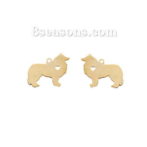 Picture of 1 Piece 304 Stainless Steel Pet Silhouette Blank Stamping Tags Pendants Collie Animal Heart Gold Plated Double-sided Polishing 31mm x 24mm