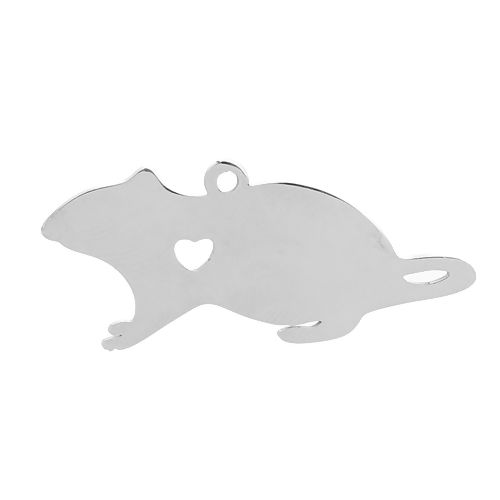 Picture of Stainless Steel Pet Silhouette Pendants Mouse Animal Heart Silver Tone Blank Stamping Tags One Side 35mm x 15mm, 2 PCs