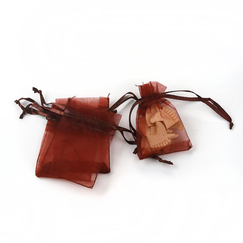 Picture of Wedding Gift Organza Jewelry Bags Drawstring Rectangle Coffee (Usable Space: 5.5x5cm) 7cm(2 6/8") x 5cm(2"), 50 PCs