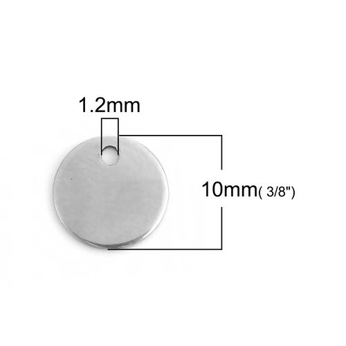 Picture of 304 Stainless Steel Blank Stamping Tags Charms Round Silver Tone Roller Burnishing 10mm Dia., 20 PCs