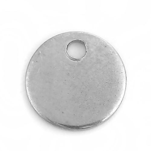 Picture of 304 Stainless Steel Blank Stamping Tags Charms Round Silver Tone Roller Burnishing 8mm Dia., 20 PCs