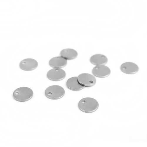 Picture of 304 Stainless Steel Blank Stamping Tags Charms Round Silver Tone Roller Burnishing 8mm Dia., 20 PCs