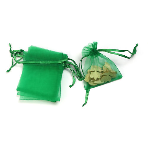 Picture of Wedding Gift Organza Jewelry Bags Drawstring Rectangle Green (Usable Space: 7x7cm) 9cm(3 4/8") x 7cm(2 6/8"), 50 PCs