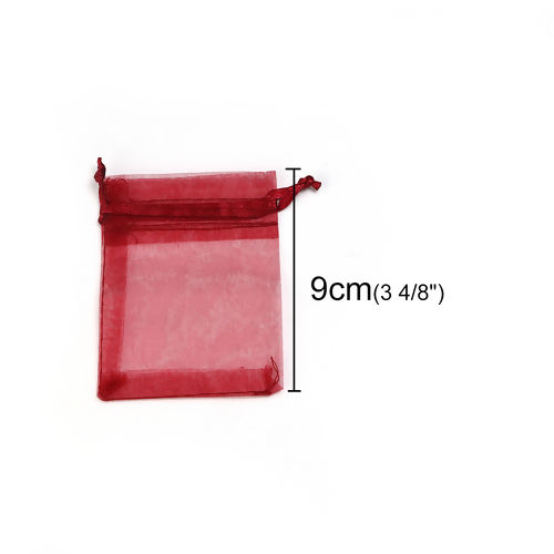 Picture of Wedding Gift Organza Jewelry Bags Drawstring Rectangle Wine Red (Usable Space: 7x7cm) 9cm(3 4/8") x 7cm(2 6/8"), 50 PCs