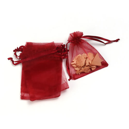 結婚祝い ギフト オーガンジー袋 巾着袋 アクセサリーバック ラッピング  描画可能 長方形 赤ワイン色 （使用可能なスペース: 7x7cm ) 9cm x 7cm、 50 個 の画像