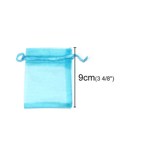 Picture of Wedding Gift Organza Jewelry Bags Drawstring Rectangle Lake Blue (Usable Space: 7x7cm) 9cm(3 4/8") x 7cm(2 6/8"), 50 PCs
