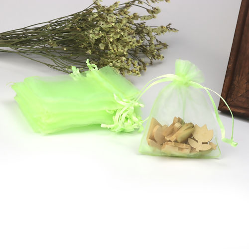 Picture of Wedding Gift Organza Jewelry Bags Drawstring Rectangle Light Green (Usable Space: 7x7cm) 9cm(3 4/8") x 7cm(2 6/8"), 50 PCs