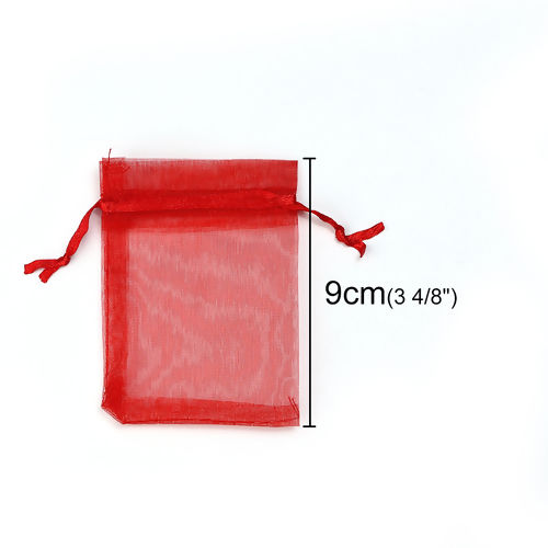 Picture of Wedding Gift Organza Jewelry Bags Drawstring Rectangle Red (Usable Space: 7x7cm) 9cm(3 4/8") x 7cm(2 6/8"), 50 PCs