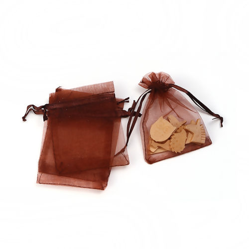 Picture of Wedding Gift Organza Jewelry Bags Drawstring Rectangle Brown (Usable Space: 7x7cm) 9cm(3 4/8") x 7cm(2 6/8"), 50 PCs