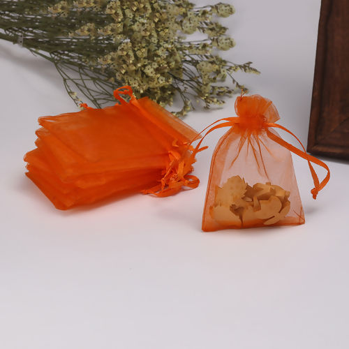 結婚祝い ギフト オーガンジー袋 巾着袋 アクセサリーバック ラッピング  描画可能 長方形 オレンジ色 （使用可能なスペース: 7x7cm ) 9cm x 7cm、 50 個 の画像