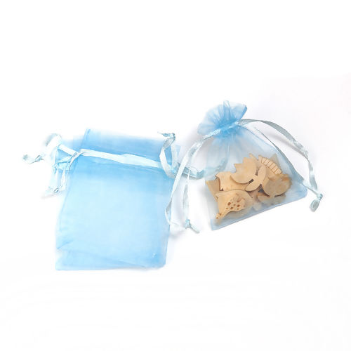 Picture of Wedding Gift Organza Jewelry Bags Drawstring Rectangle Skyblue (Usable Space: 7x7cm) 9cm(3 4/8") x 7cm(2 6/8"), 50 PCs