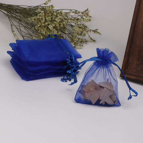 Picture of Wedding Gift Organza Jewelry Bags Drawstring Rectangle Blue (Usable Space: 7x7cm) 9cm(3 4/8") x 7cm(2 6/8"), 50 PCs