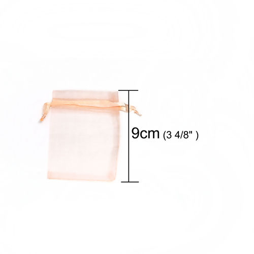 Picture of Wedding Gift Organza Jewelry Bags Drawstring Rectangle Orange Pink (Usable Space: 7x7cm) 9cm(3 4/8") x 7cm(2 6/8"), 50 PCs
