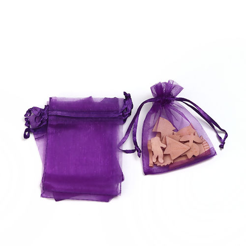 結婚祝い ギフト オーガンジー袋 巾着袋 アクセサリーバック ラッピング  描画可能 長方形 深紫色 （使用可能なスペース: 7x7cm ) 9cm x 7cm、 50 個 の画像