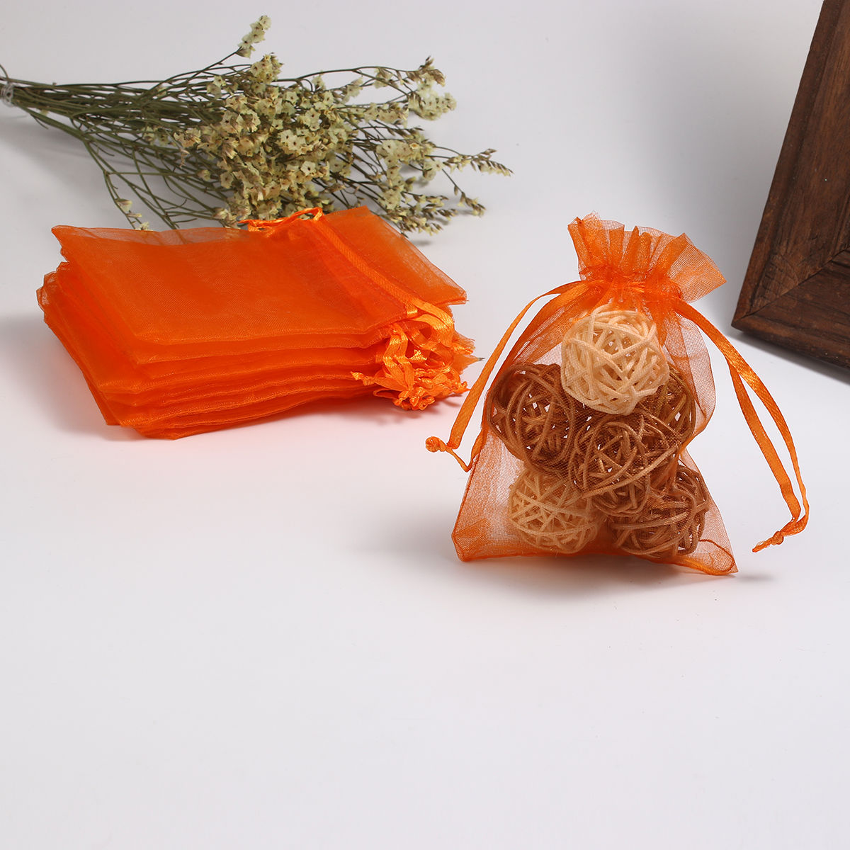 Picture of Wedding Gift Organza Jewelry Bags Drawstring Rectangle Orange (Usable Space: 9.5x9cm) 12cm(4 6/8") x 9cm(3 4/8"), 50 PCs