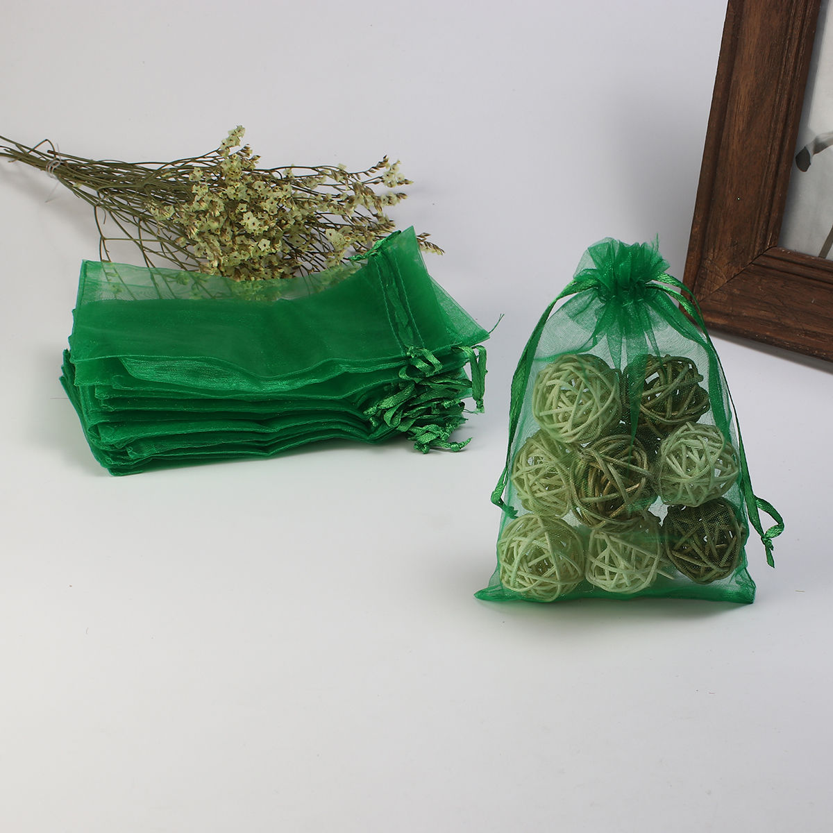 Picture of Wedding Gift Organza Jewelry Bags Drawstring Rectangle Green (Usable Space: 13x10cm) 15cm(5 7/8") x 10cm(3 7/8"), 20 PCs