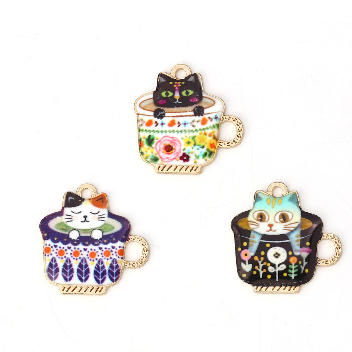 Picture of Zinc Based Alloy Charms Cup Gold Plated Multicolor Cat Enamel 23mm( 7/8") x 23mm( 7/8"), 10 PCs