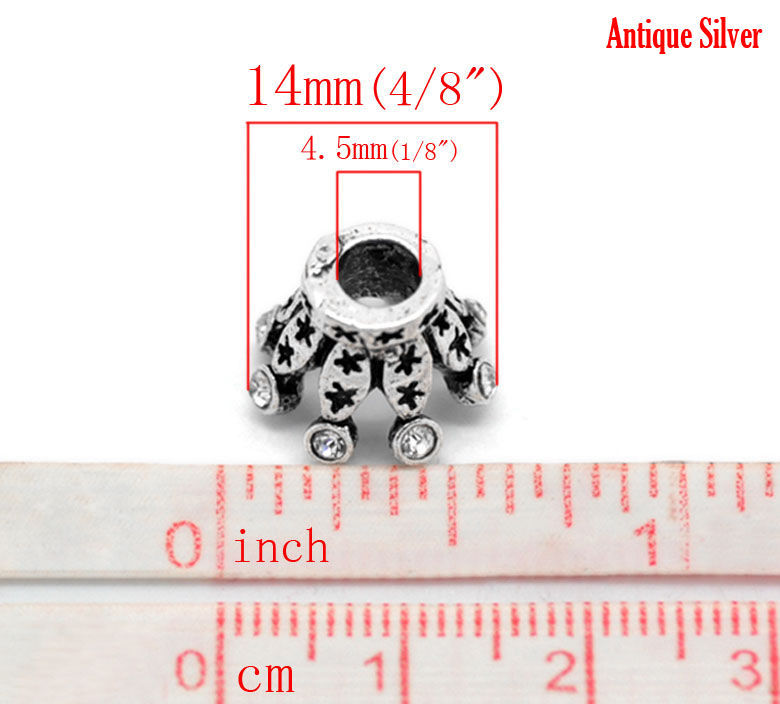 Picture of Zinc Based Alloy European Style Large Hole Charm Beads Antique Silver Color Crown Star Clear Rhinestone 14mm x 10mm, Hole: Approx 4.5mm, 1 Piece