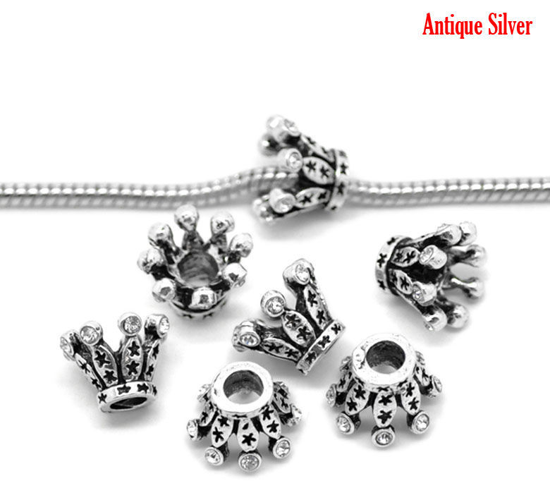 Picture of Zinc Based Alloy European Style Large Hole Charm Beads Antique Silver Color Crown Star Clear Rhinestone 14mm x 10mm, Hole: Approx 4.5mm, 1 Piece