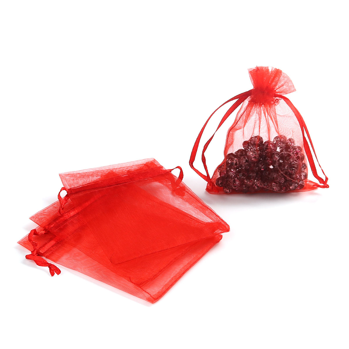 Picture of Wedding Gift Organza Jewelry Bags Drawstring Rectangle Red 10cm x8cm(3 7/8" x3 1/8"), (Usable Space: 8x8cm) 30 PCs