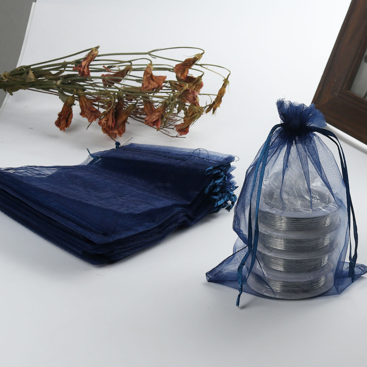 Picture of Wedding Gift Organza Jewelry Bags Drawstring Rectangle Navy Blue (Usable Space: 13.5x10.5cm) 16cm x 11cm, 20 PCs
