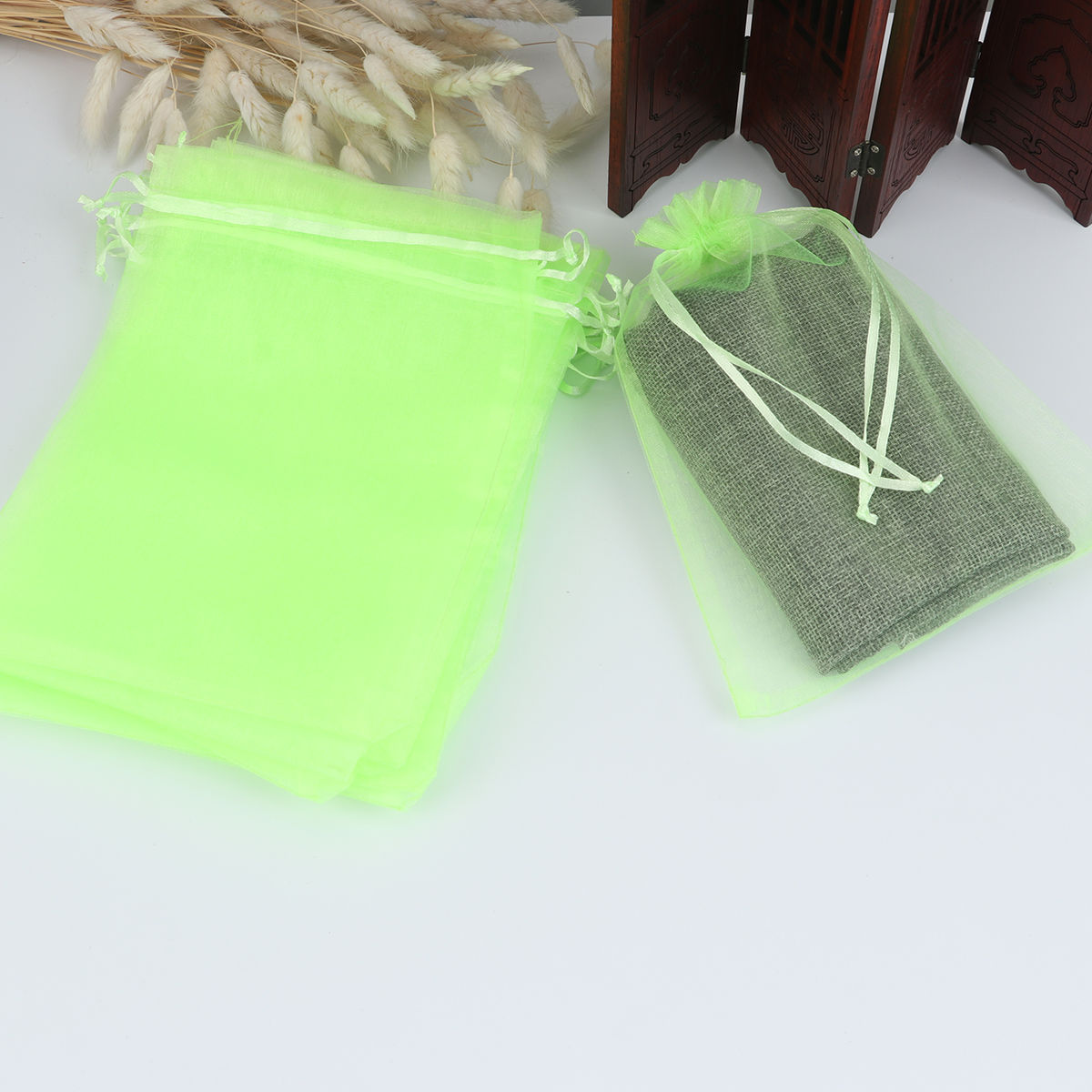 Picture of Wedding Gift Organza Jewelry Bags Drawstring Rectangle Fruit Green 20cm x15cm(7 7/8" x5 7/8"), (Usable Space: 17x14.5cm) 20 PCs