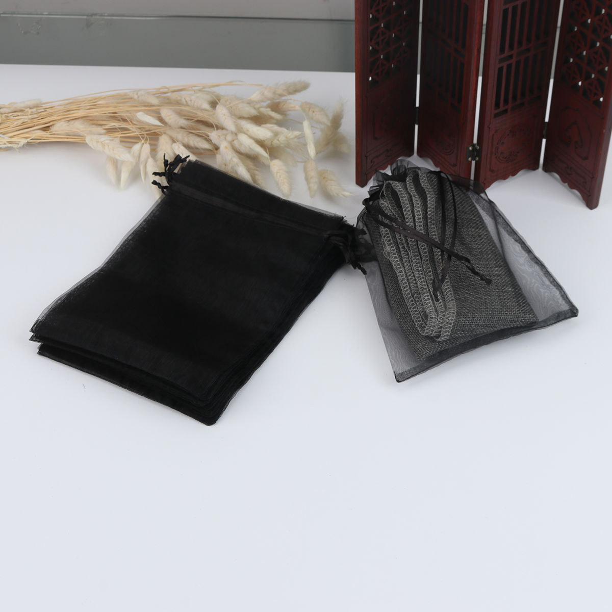 Picture of Wedding Gift Organza Jewelry Bags Drawstring Rectangle Black 20cm x15cm(7 7/8" x5 7/8"), (Usable Space: 17x14.5cm) 20 PCs