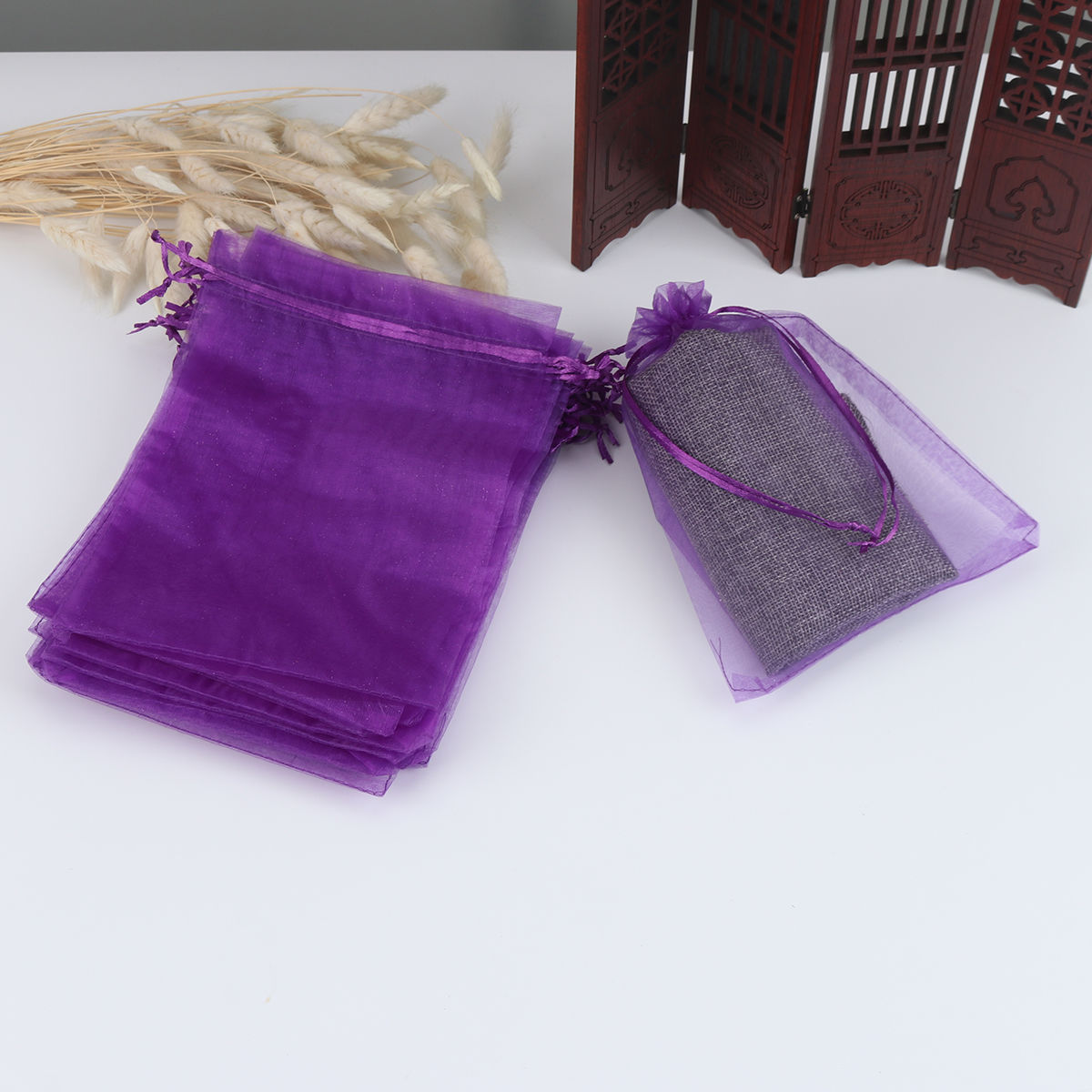 Picture of Wedding Gift Organza Jewelry Bags Drawstring Rectangle Dark Purple (Usable Space: 17x14.5cm) 20cm x 15cm, 20 PCs