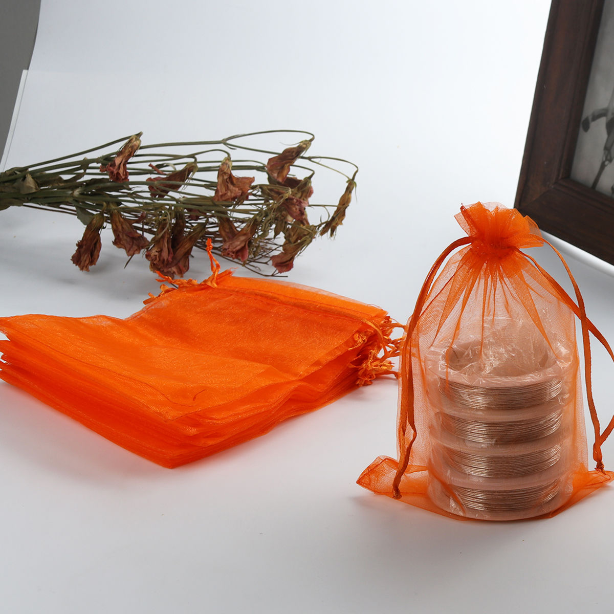 Picture of Wedding Gift Organza Jewelry Bags Drawstring Rectangle Orange (Usable Space: 15.5x12.5cm) 18cm x 12.8cm, 20 PCs