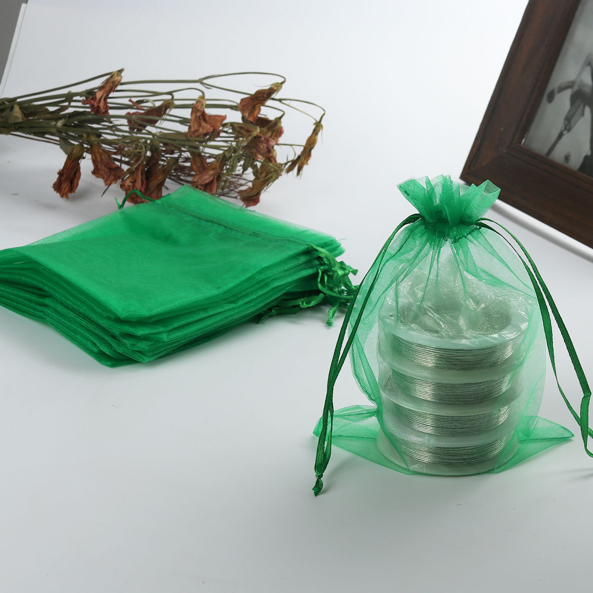 Picture of Wedding Gift Organza Jewelry Bags Drawstring Rectangle Dark Green (Usable Space: 15.5x12.5cm) 18cm x 12.8cm, 20 PCs