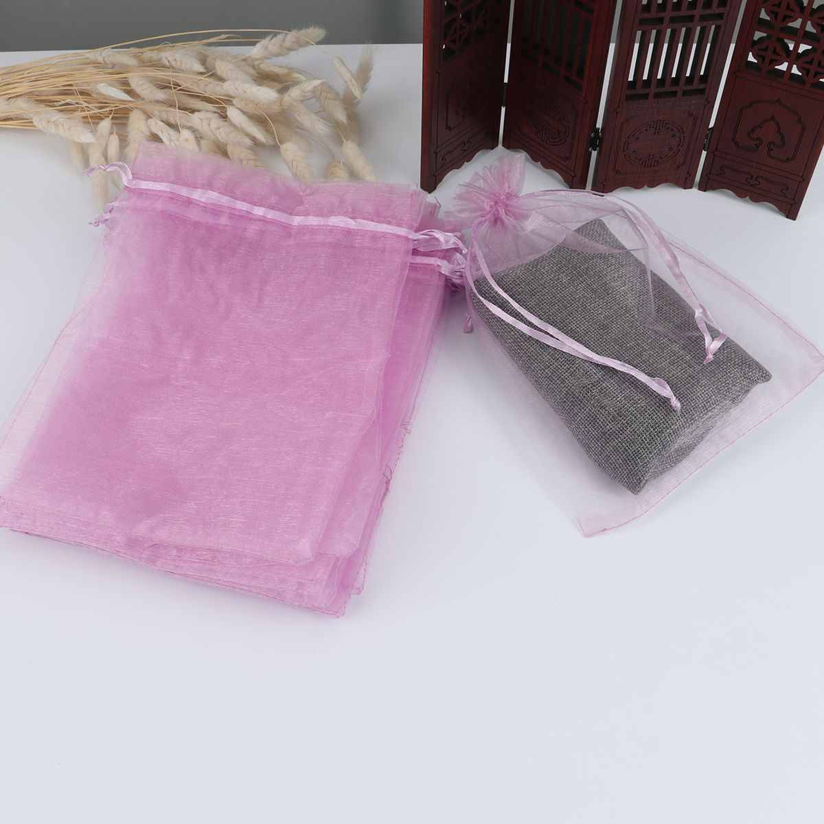Picture of Wedding Gift Organza Jewelry Bags Drawstring Rectangle Mauve (Usable Space: 19x16.5cm) 23cm x 17cm, 20 PCs