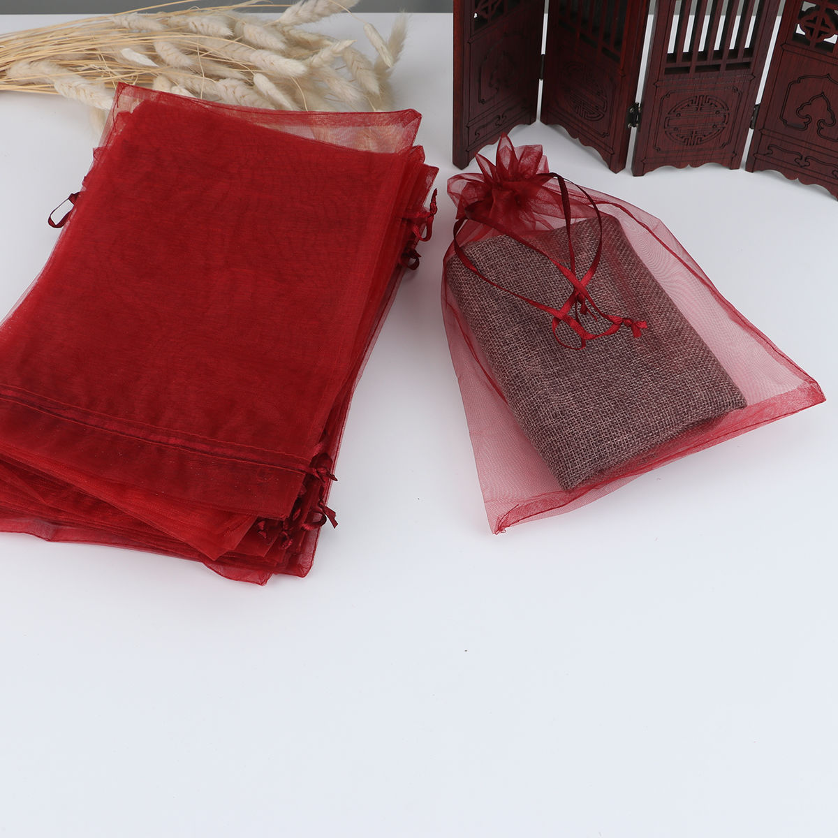 Picture of Wedding Gift Organza Jewelry Bags Drawstring Rectangle Wine Red (Usable Space: 19x16.5cm) 23cm x 17cm, 20 PCs