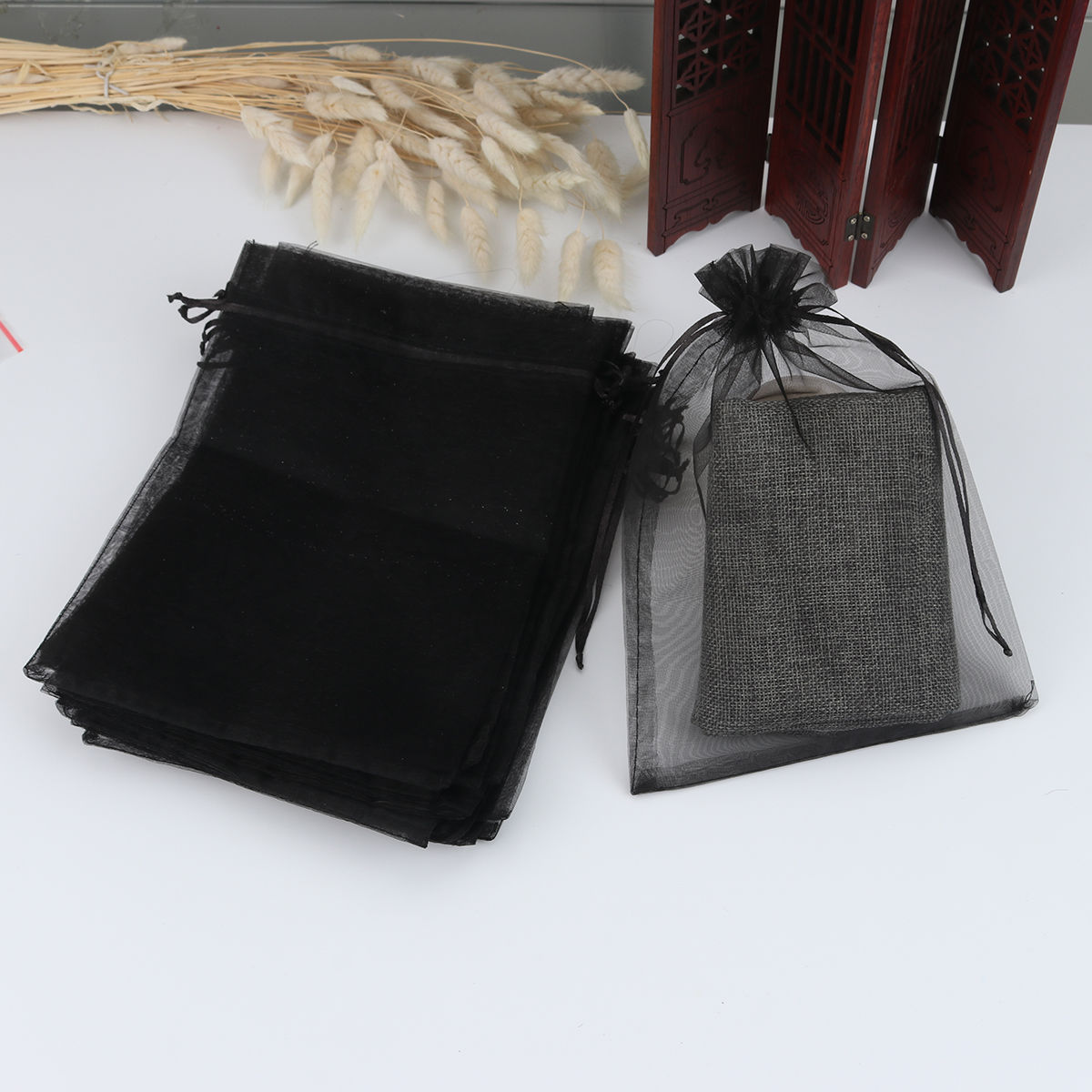 Picture of Wedding Gift Organza Jewelry Bags Drawstring Rectangle Black (Usable Space: 19x16.5cm) 23cm x 17cm, 20 PCs