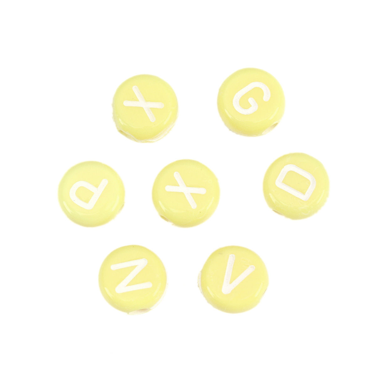 Picture of Acrylic Beads Flat Round At Random Yellow Initial Alphabet/ Capital Letter Pattern About 7mm Dia., Hole: Approx 1.7mm, 500 PCs
