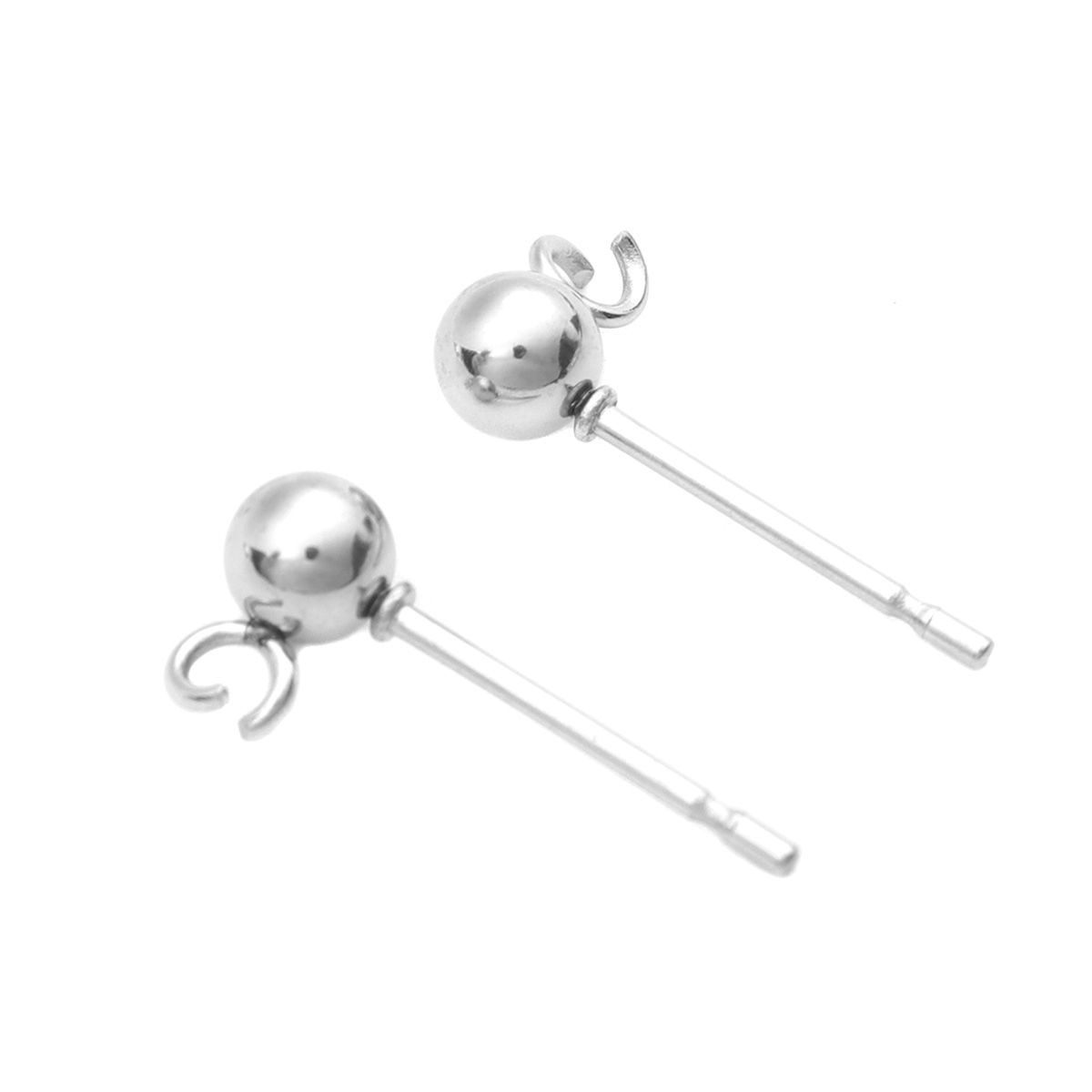 Picture of 304 Stainless Steel Ear Post Stud Earrings Ball Silver Tone W/ Loop 7mm x 4mm, Post/ Wire Size: (21 gauge), 100 PCs