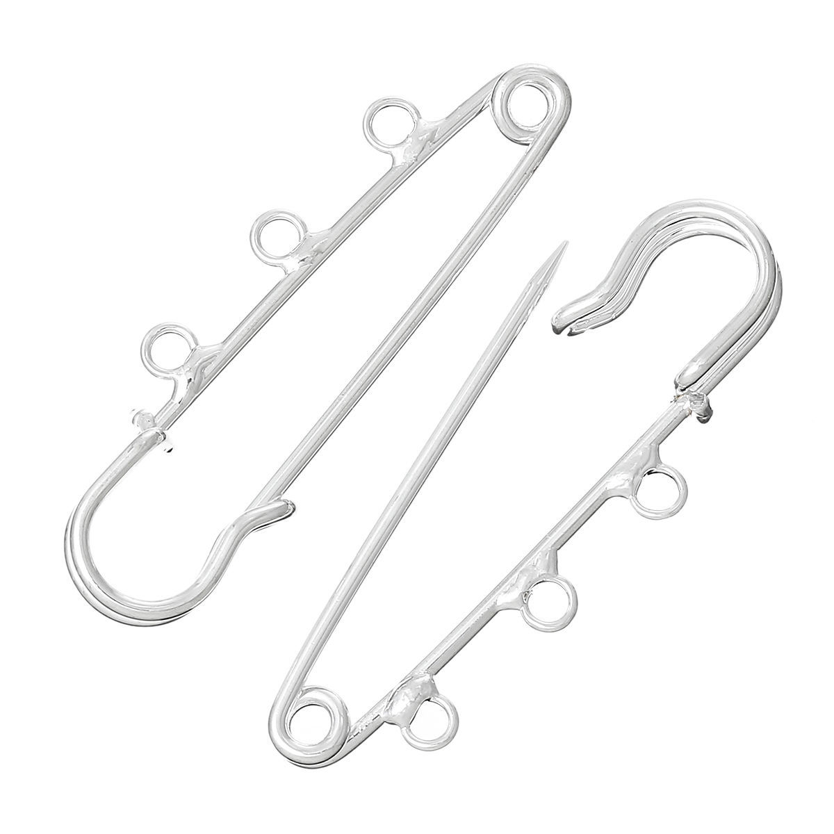 Picture of Iron Based Alloy Safety Pin Brooches Connectors Findings Silver Plated 3 Loops 5cm x 1.6cm(2" x 5/8"), 20 PCs
