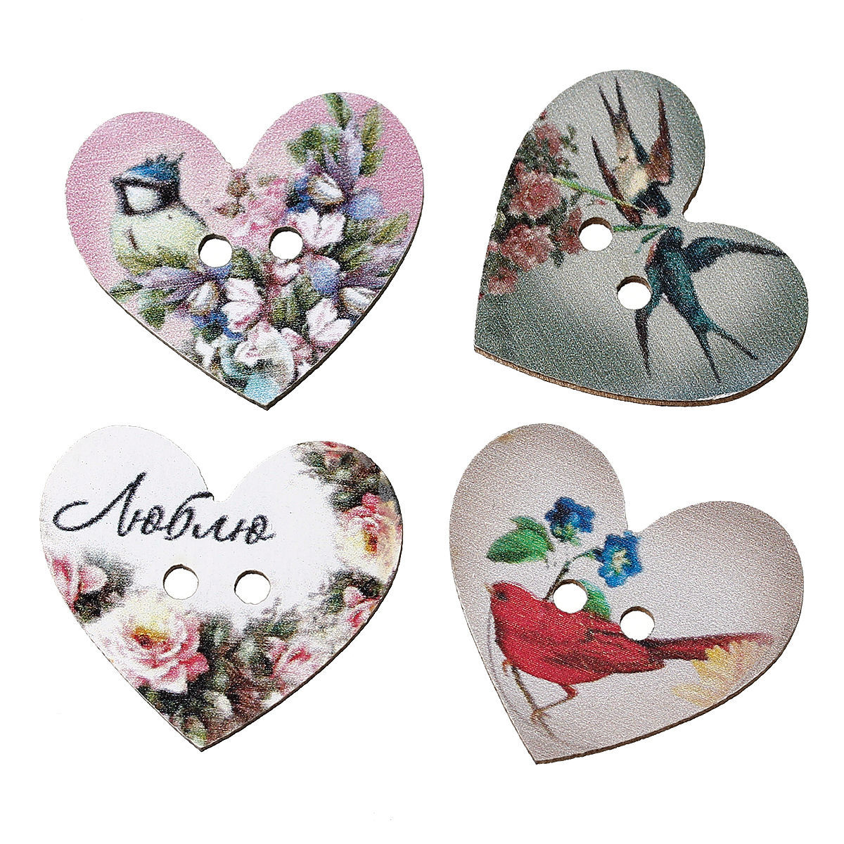 Picture of Wood Sewing Buttons Scrapbooking Heart At Random 2 Holes Flower Pattern 28mm(1 1/8") x 24mm(1"), 5 PCs