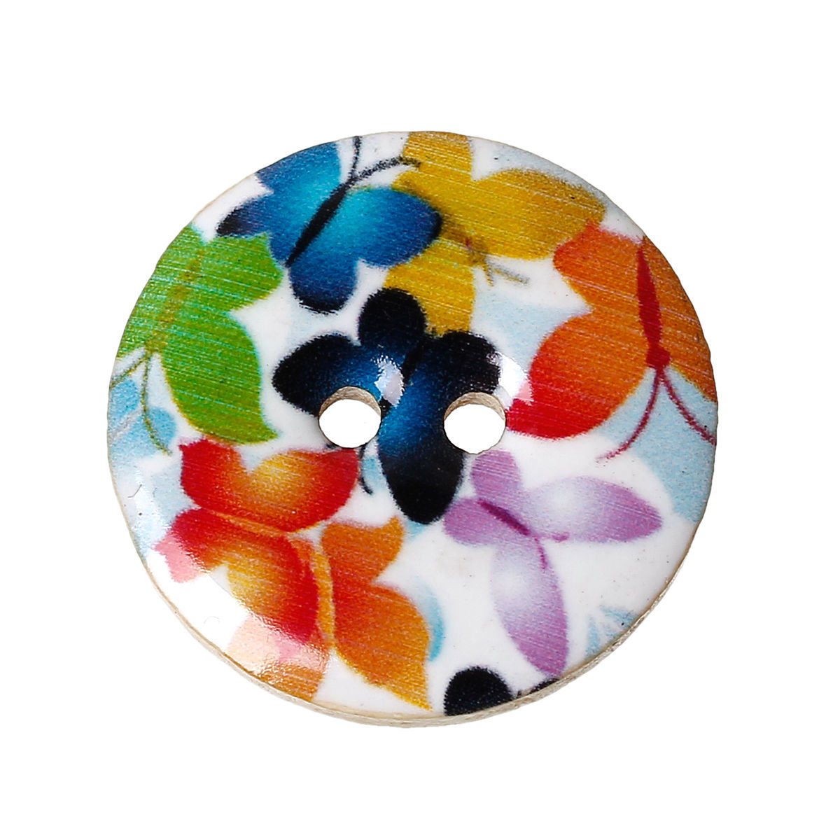 Picture of Wood Sewing Buttons Scrapbooking Round Multicolor 2 Holes Butterfly Pattern Enamel 25mm(1") Dia, 2 PCs