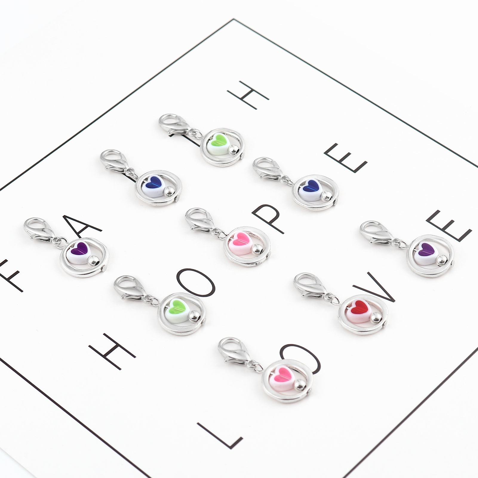 Picture of Zinc Based Alloy & Acrylic Knitting Stitch Markers Circle Ring Silver Tone At Random Color Heart 35mm x 16mm, 12 PCs