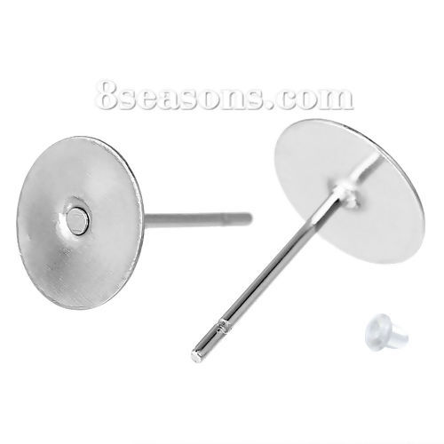 Picture of 304 Stainless Steel Ear Post Stud Earrings Findings Round Flat Pad Silver Tone 12mm( 4/8") x 8mm( 3/8"), Post/ Wire Size: (21 gauge), 100 PCs