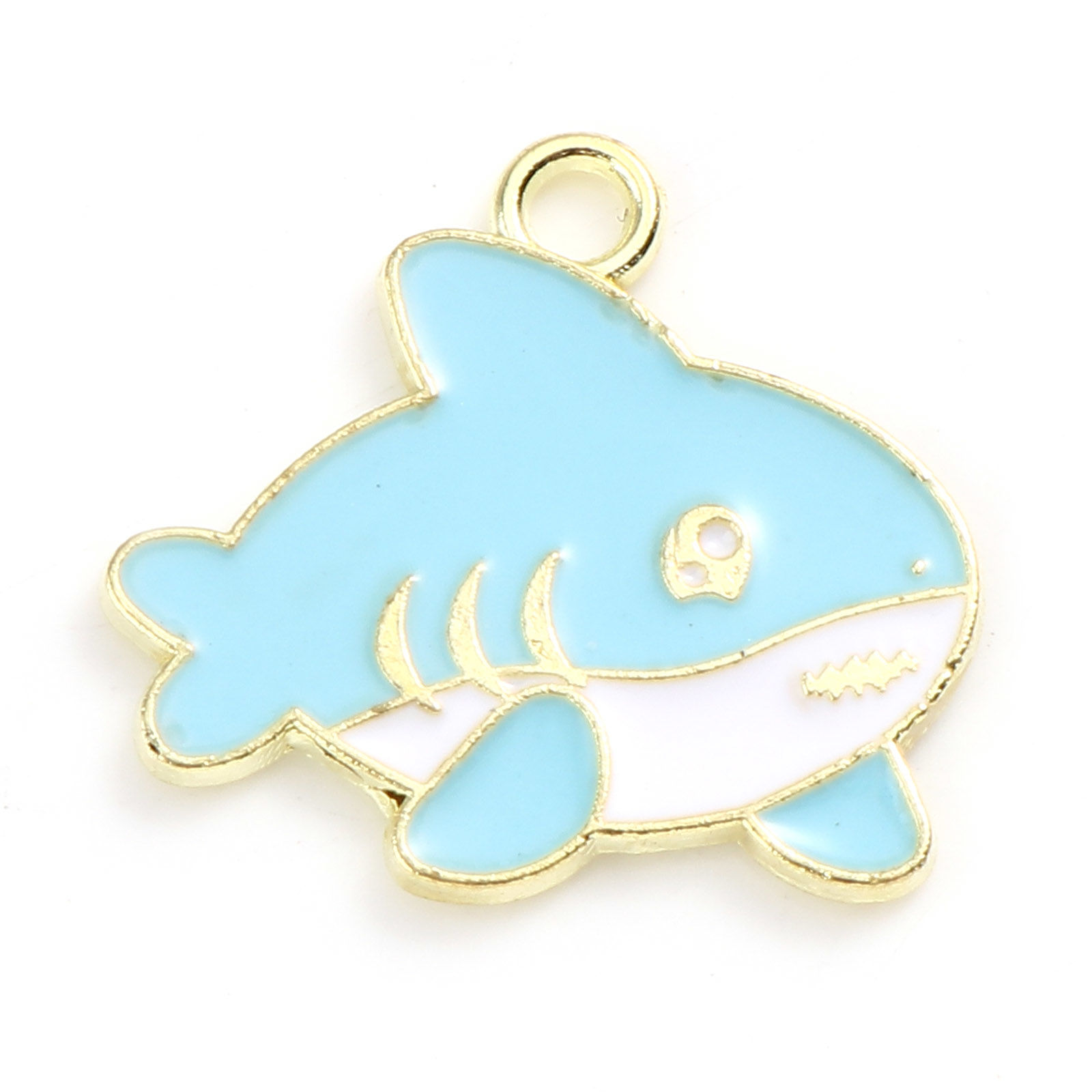 Picture of Zinc Based Alloy Ocean Jewelry Charms Shark Animal Gold Plated Light Blue Enamel 20mm x 19mm, 20 PCs