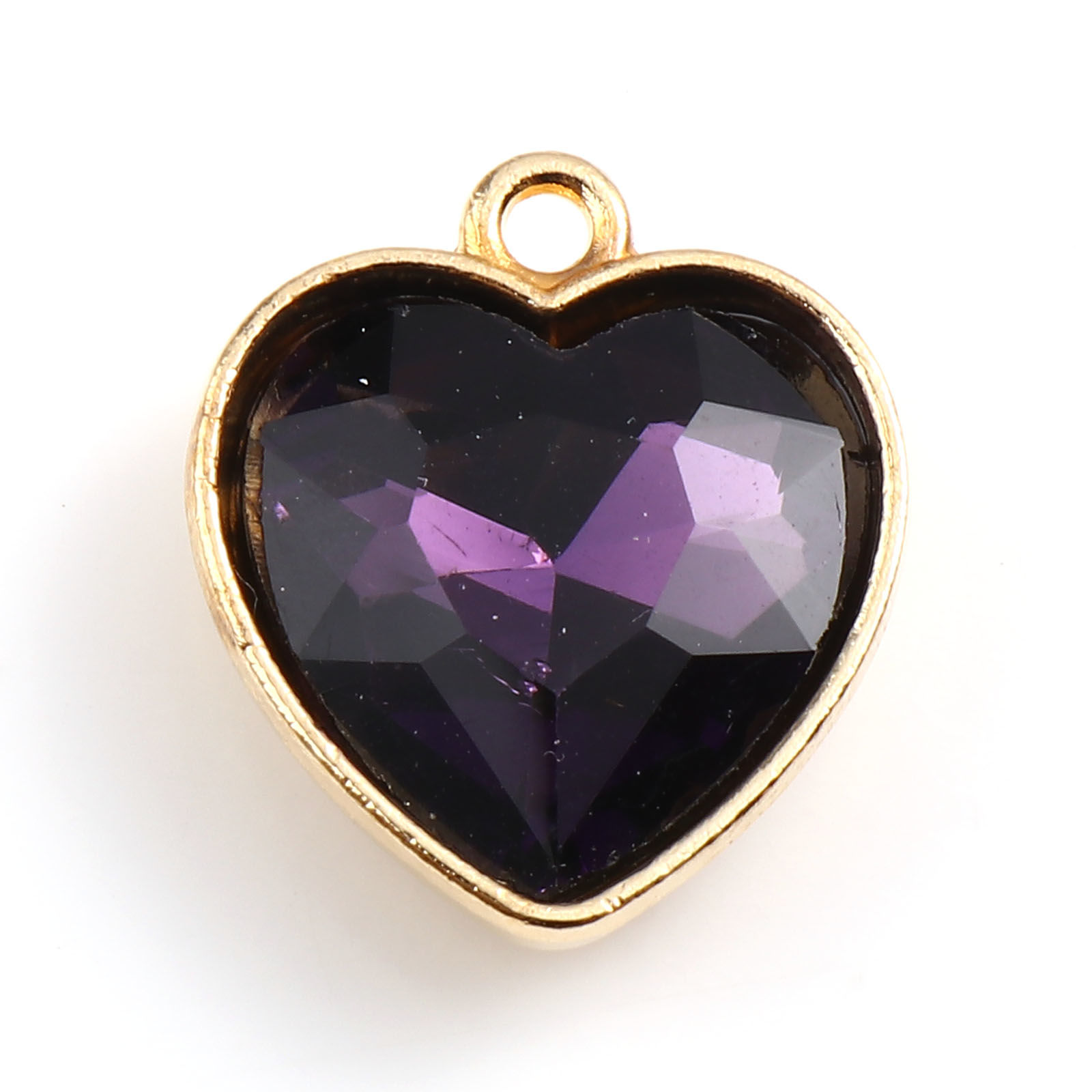 Picture of Zinc Based Alloy & Glass Valentine's Day Charms Heart Gold Plated Dark Purple 18.5mm x 16mm, 5 PCs