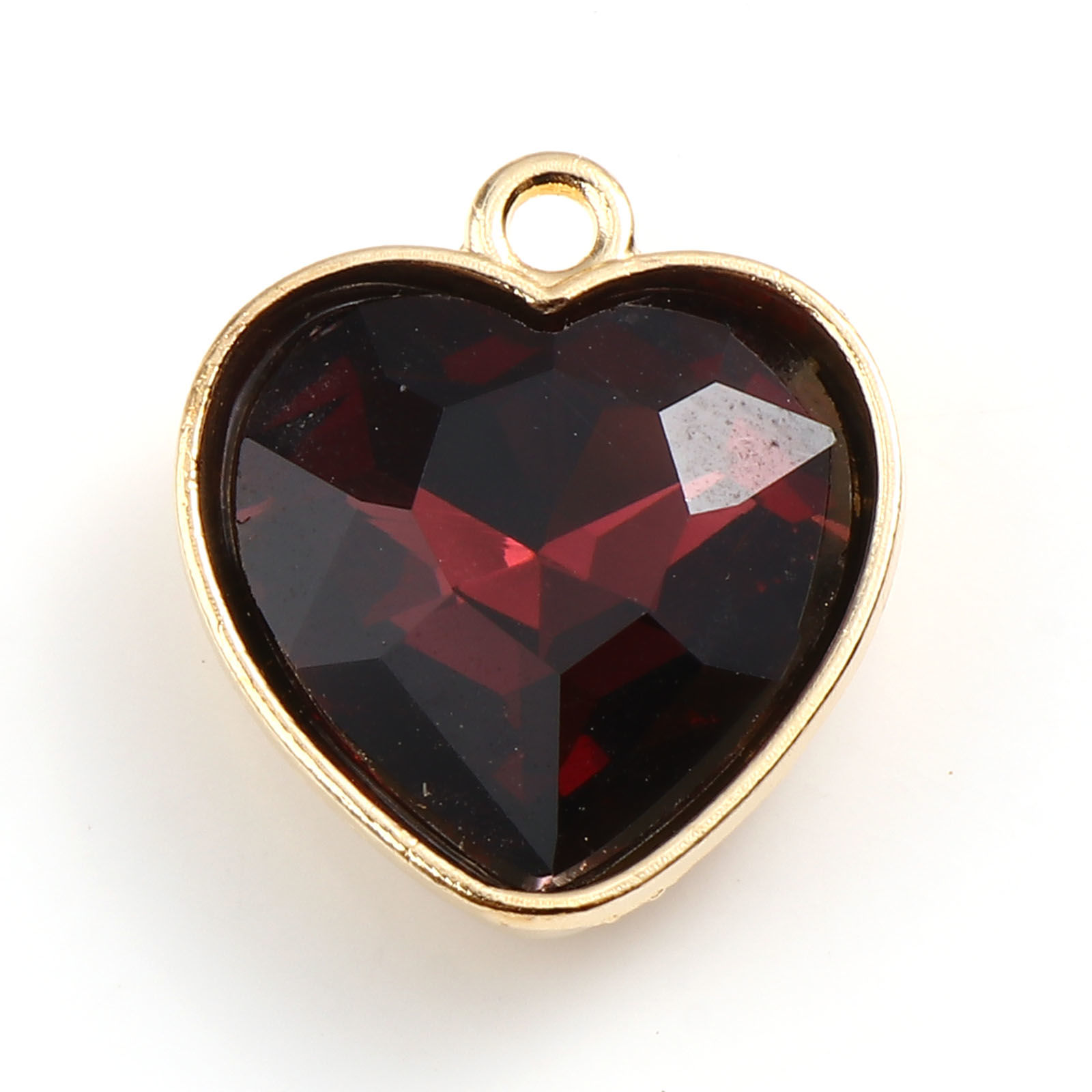 Picture of Zinc Based Alloy & Glass Valentine's Day Charms Heart Gold Plated Wine Red 18.5mm x 16mm, 5 PCs
